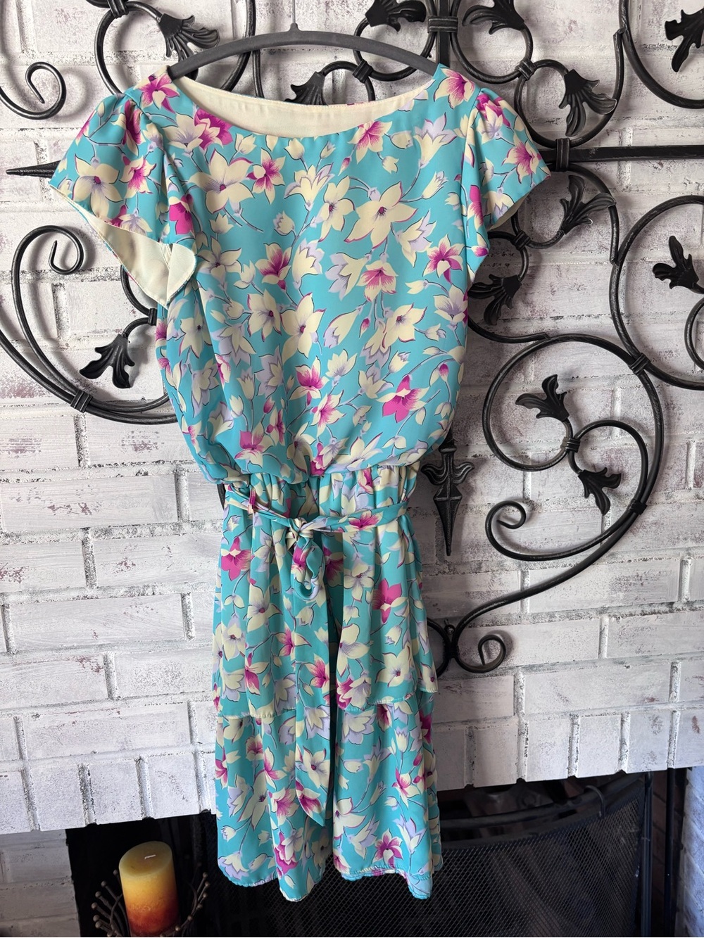 Y2K Byer Too! Aqua Floral Tie-Waist Midi Dress
